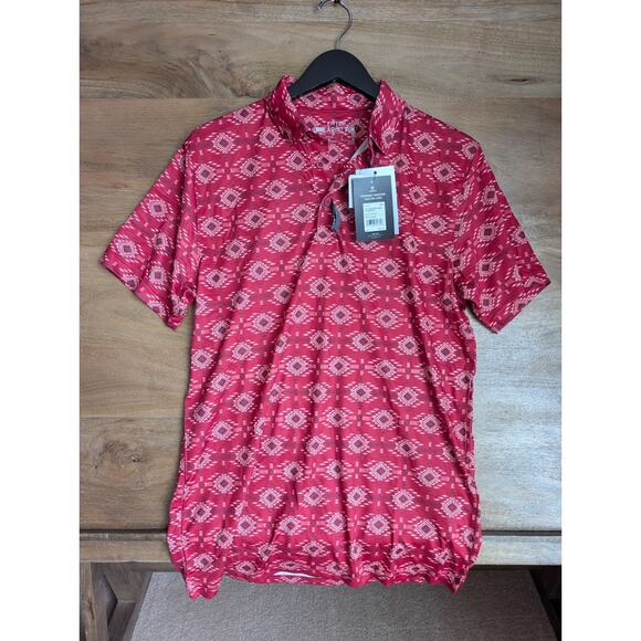 Ariat Polo Shirt Mens M Weldon Rio Red All Over Print Fitted Performance NWT